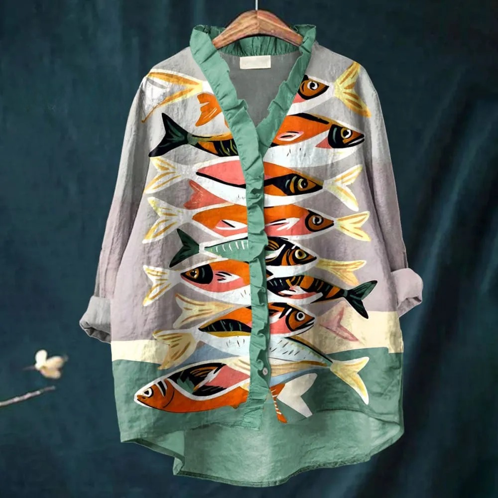 Women's Vintage Abstract Fish Art Print Casual Ruffle Shirt