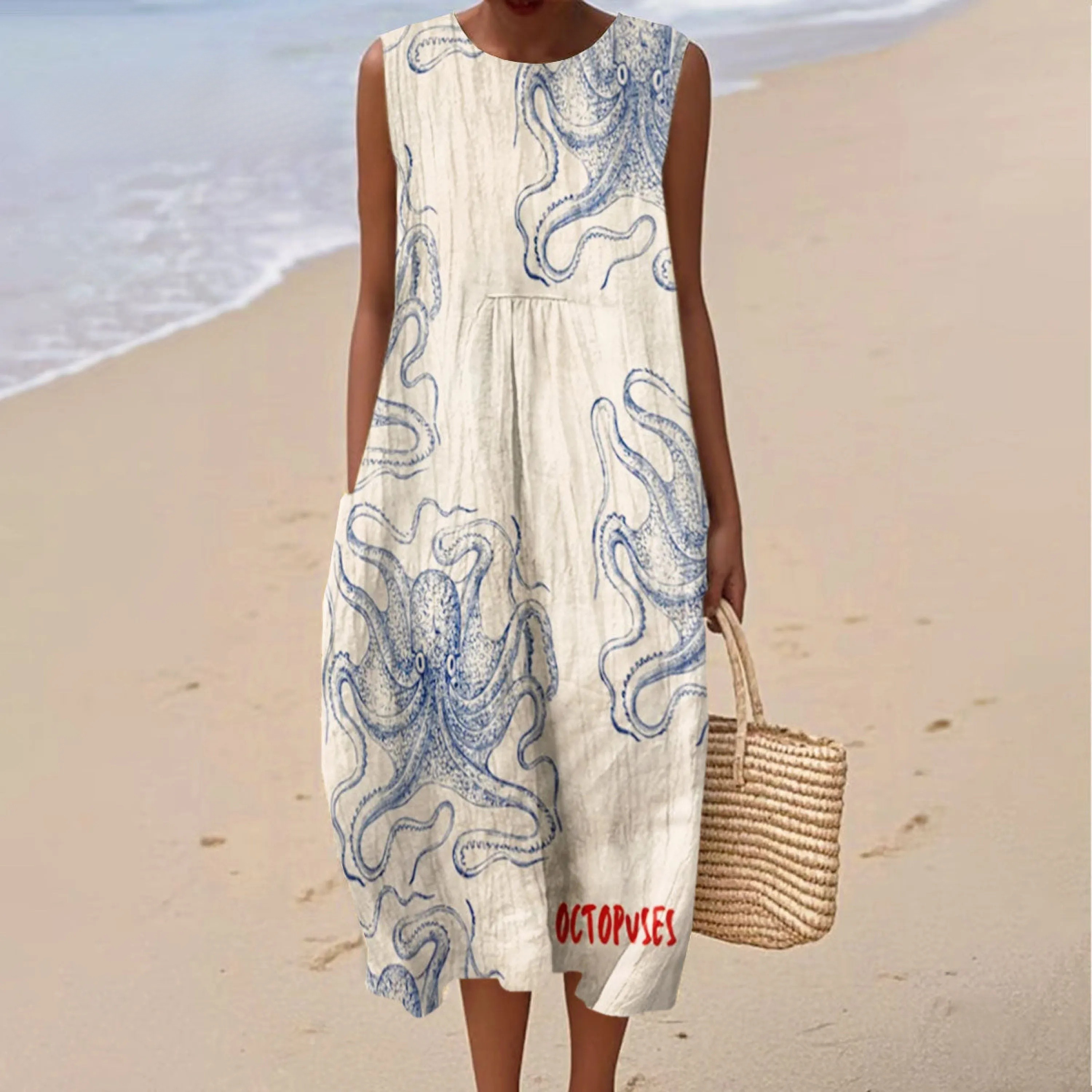 Women's Vintage Fish Octopus Art Print Sleeveless Cotton Pocket Wrap Dress