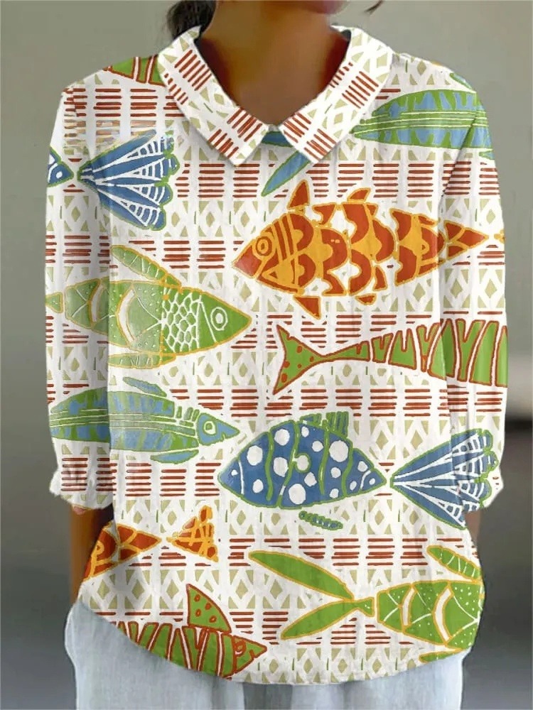 Women's Vintage Abstract Fish Art Print Casual 3/4 Sleeve Shirt