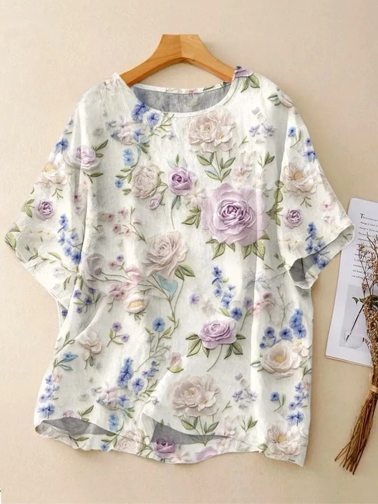 Women's Vintage Floral Art Print Casual Crew Neck Shirt