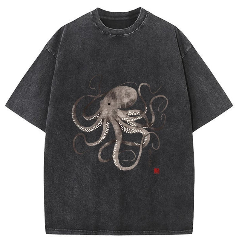 Octopus Japanese Calligraphy Washed T-Shirt
