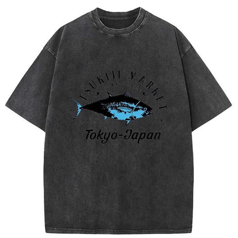 Tsukiji Fish Market Blue Fish Washed T-Shirt