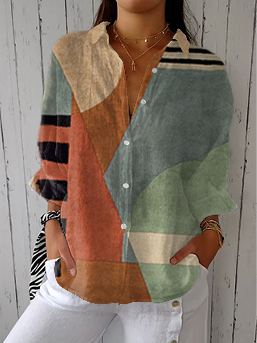 Women's Vintage Abstract Geometry Art Print Casual 3/4 Sleeve Shirt