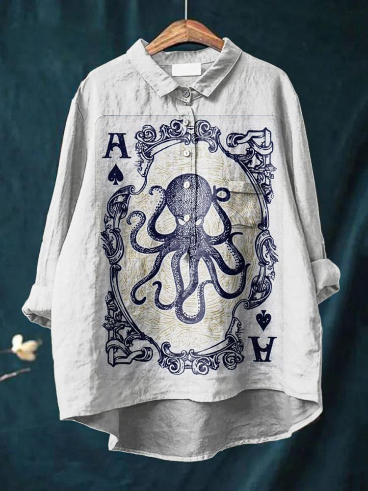 Women's Octopus  Art Print Casual Cotton And Linen Shirt