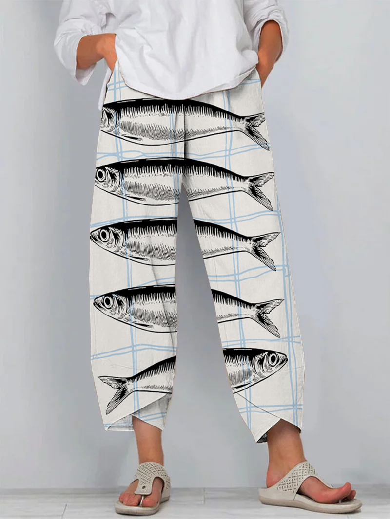 Japanese White Sardines Art Print Cropped Pants