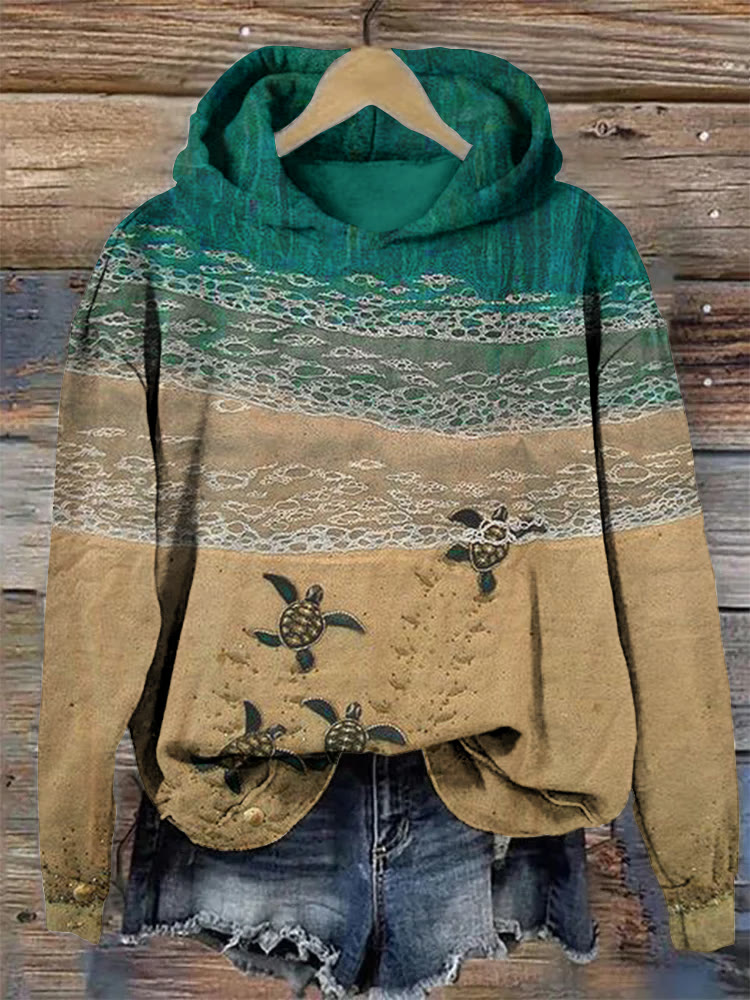 Baby Sea Turtles Beach Fiber Art Print Hoodie