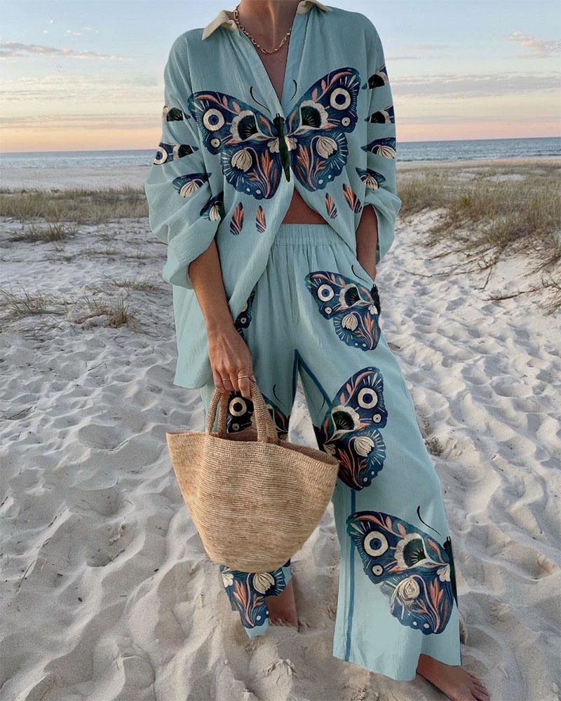Ginkgo Leaf Butterfly Printed Top And Pants Suit