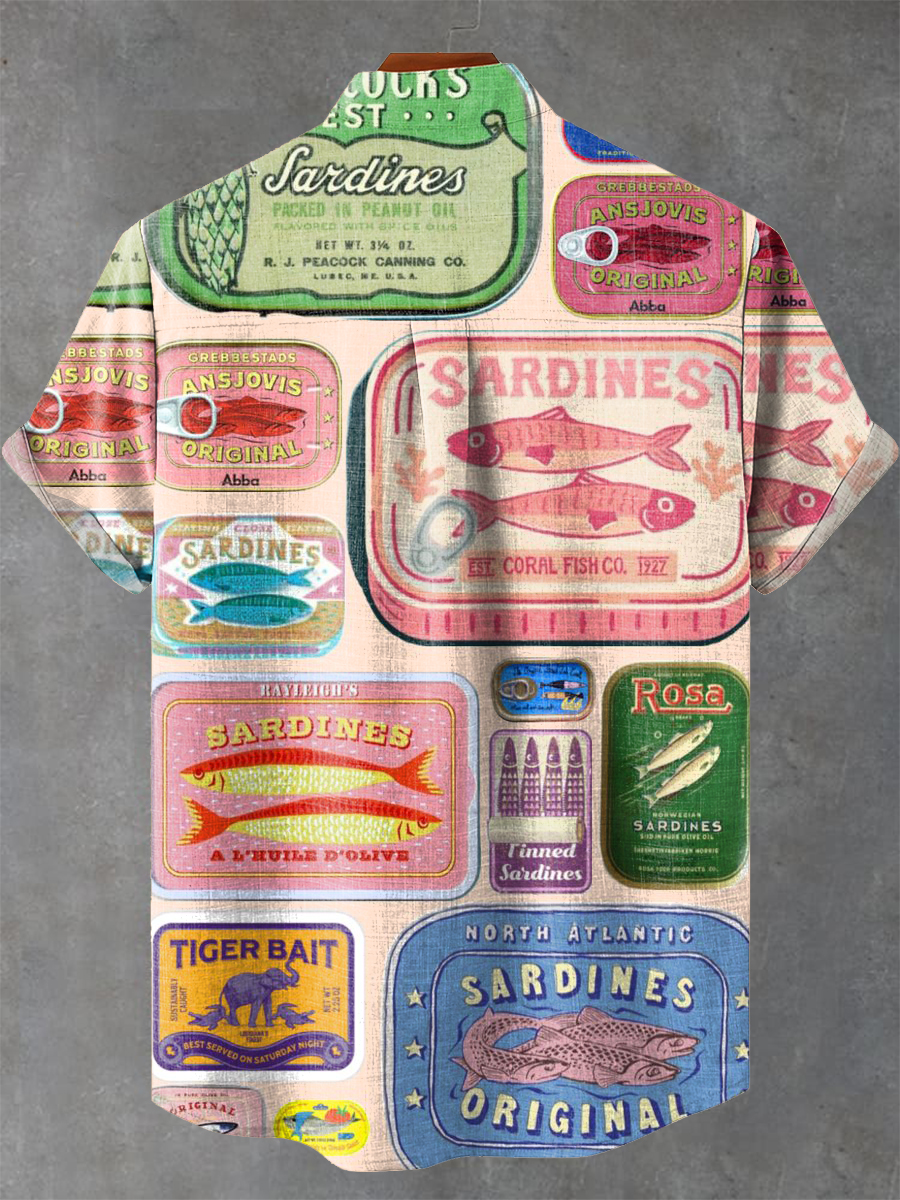 Vintage Pink sardines Canned fish Print Casual Shirt