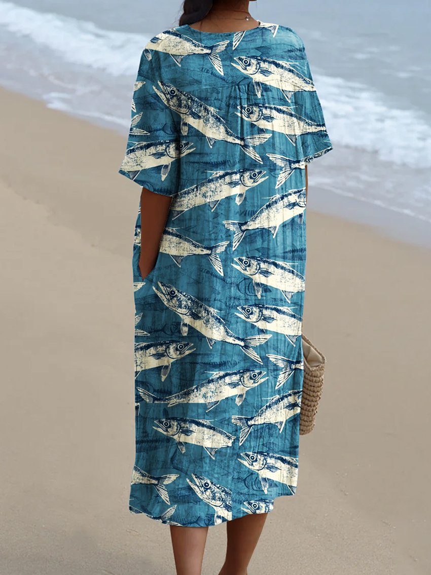 Women's Retro Sardines Watercolor Splash Fluid Art Print Flowy Dress