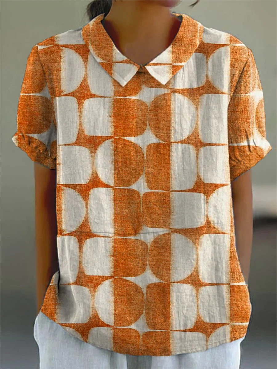 Women's Abstract Geometric Pattern Art Print Casual Cotton And Linen Shirt