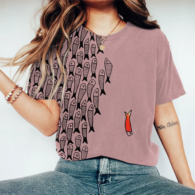 Cute Simple Lines Abstract Geometric Fish Art Print Casual T-shirt