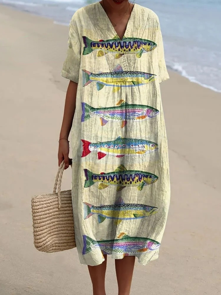 Women's Fish Art Cartoon Pattern Art Print Flowy Dress
