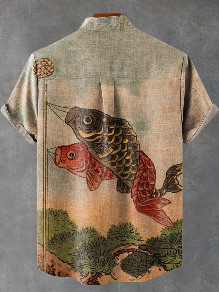 Men's Vintage Japanese Ukiyo-e Art Fish Kite Print Casual Cotton Shirt