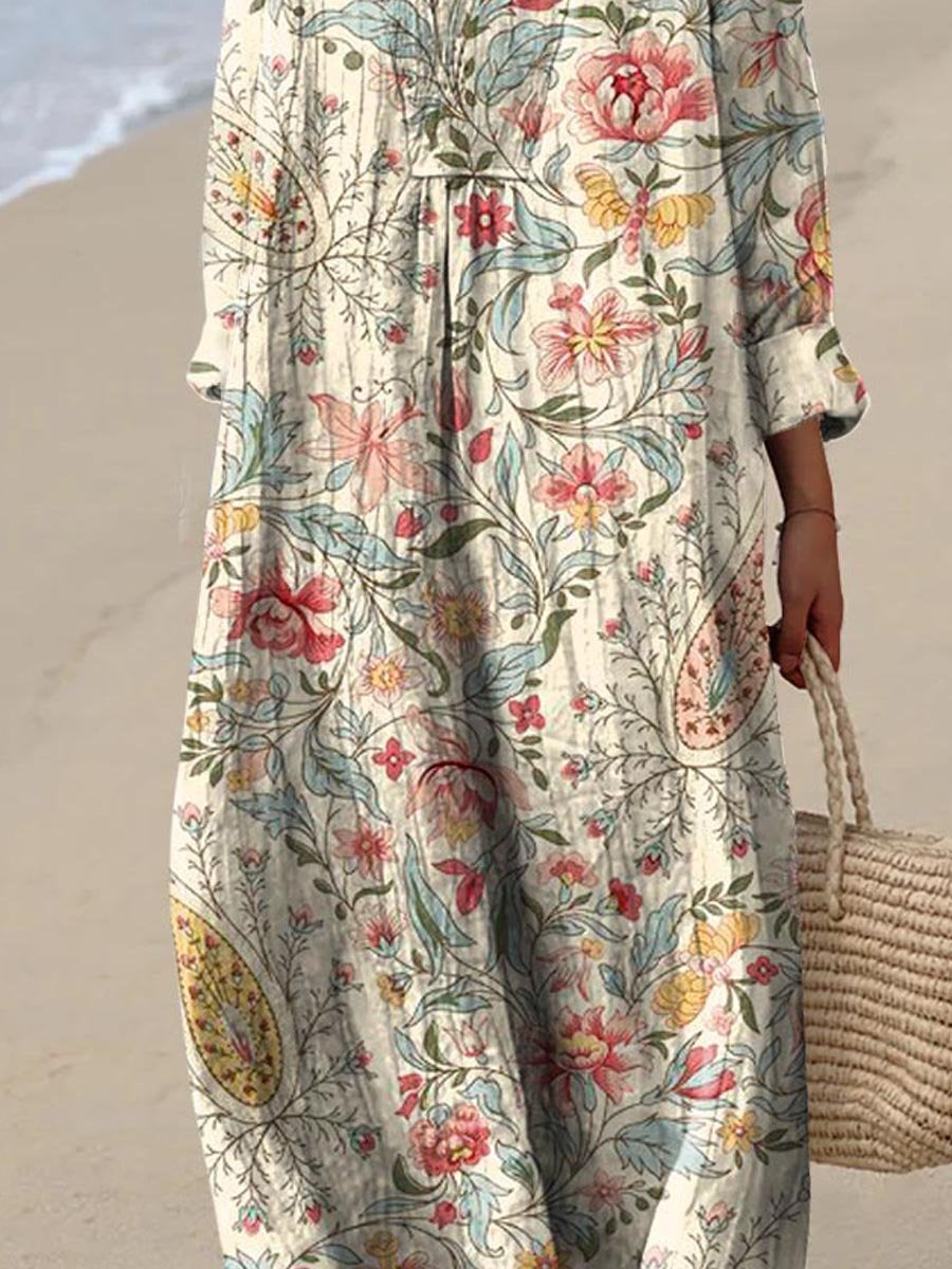 Women's Vintage Lovely Floral Art Print Flowy Dress