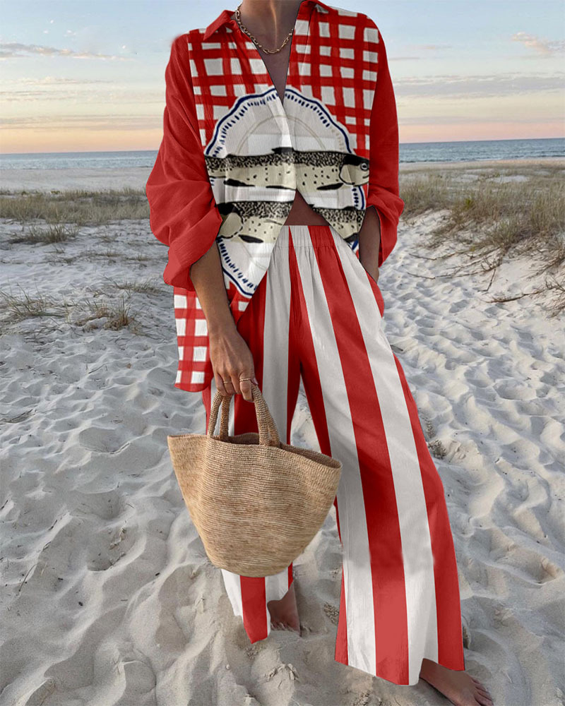 Vacation Style Red Print Shirt & Pants Two-Piece Set