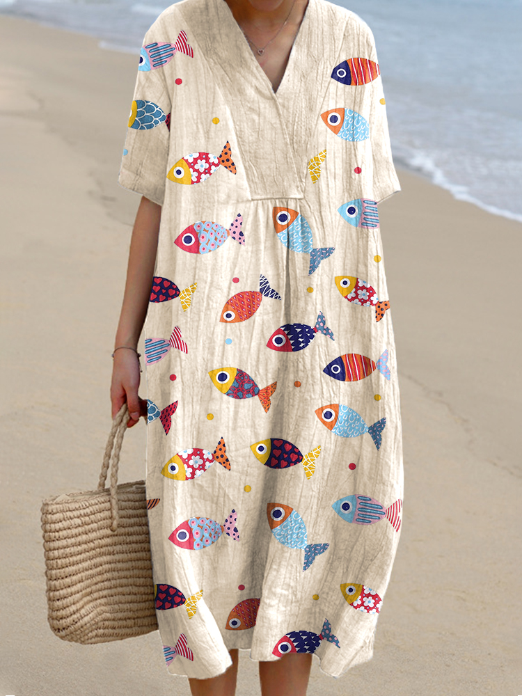 Women's Colorful Fish Pattern Linen Blend Dress