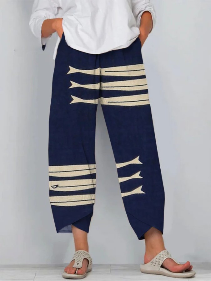 Retro Art Fish Cropped Casual Pants