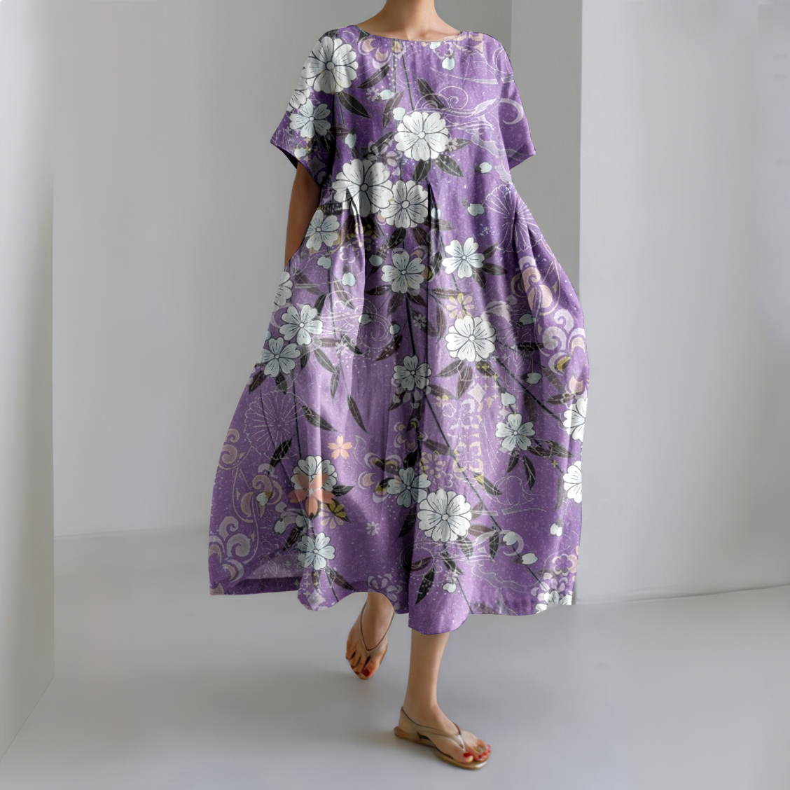 Japanese Art Flowers Linen Blend Casual Dress