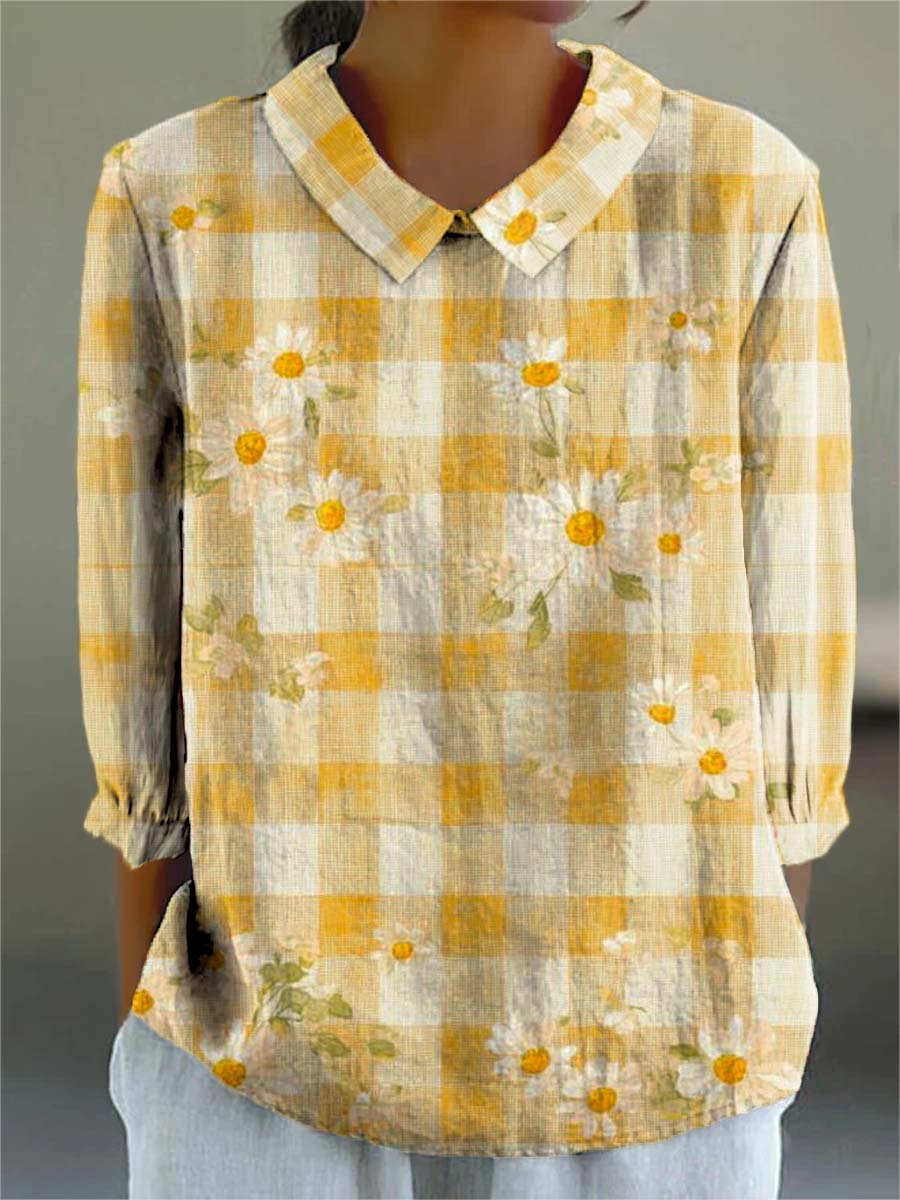 Women's Lovely Floral Plaid Art Print Casual 3/4 Sleeve Shirt