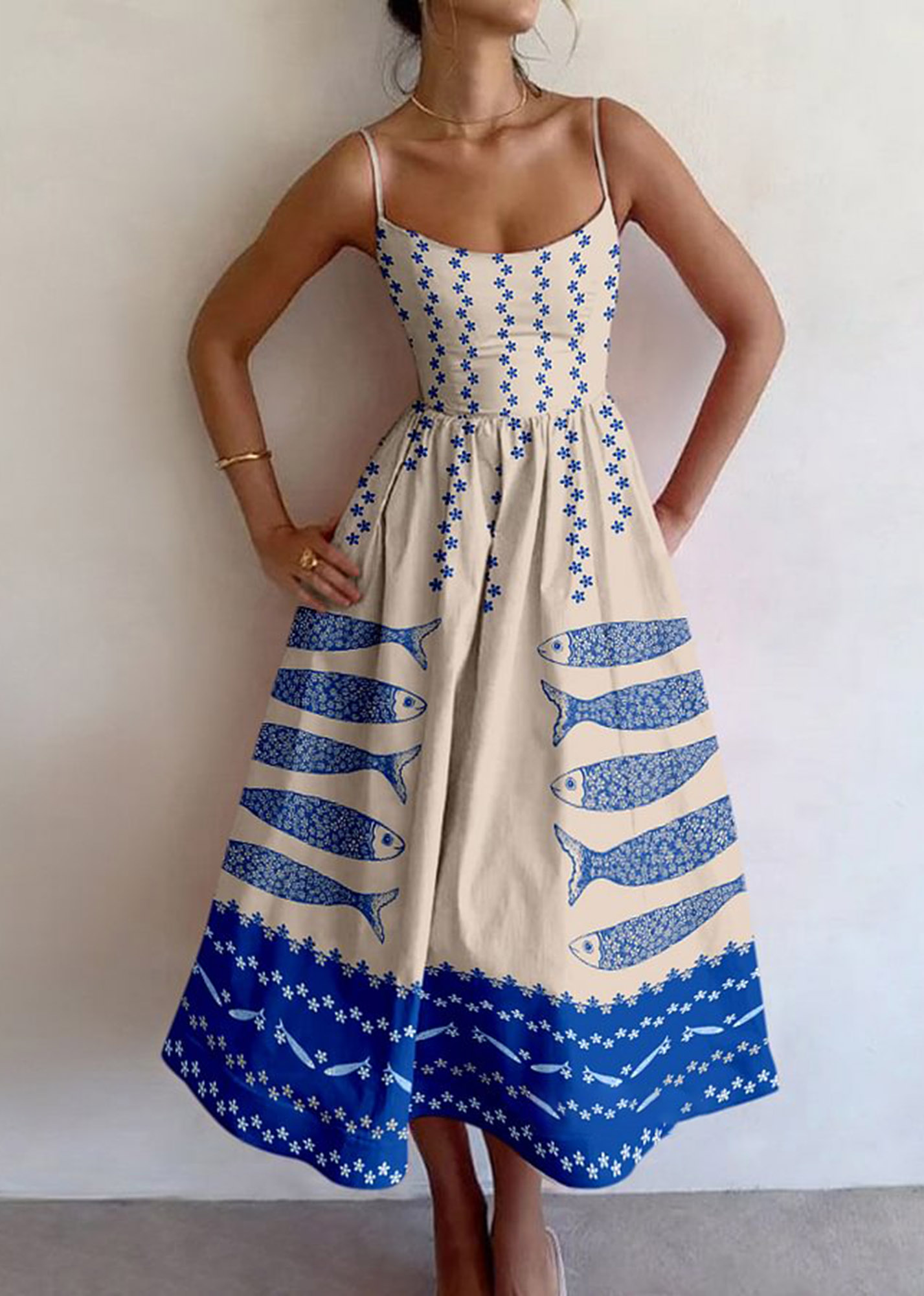 Vintage Blue Fish Print Sling Dress