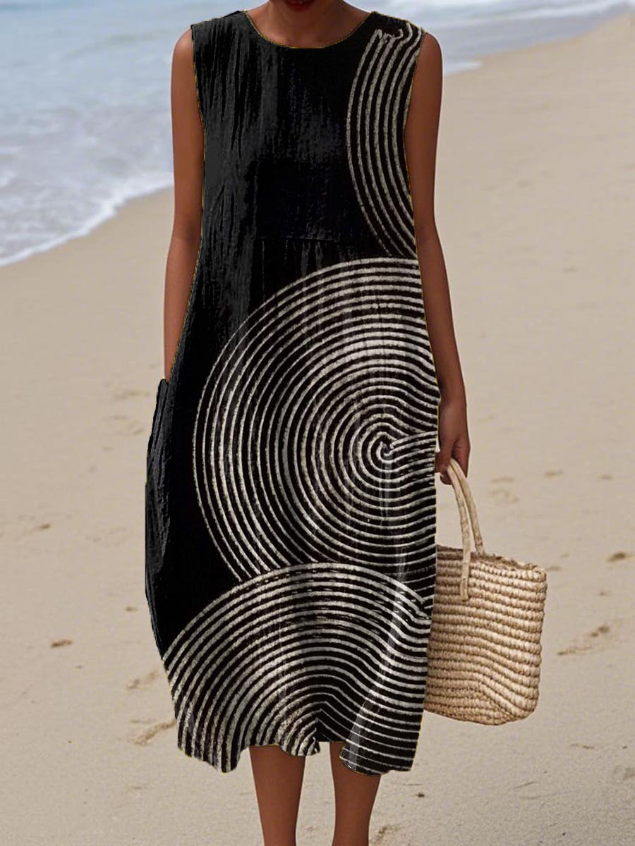 Women's Vintage Art Geometric Lines Print Sleeveless Cotton Pocket Wrap Dress
