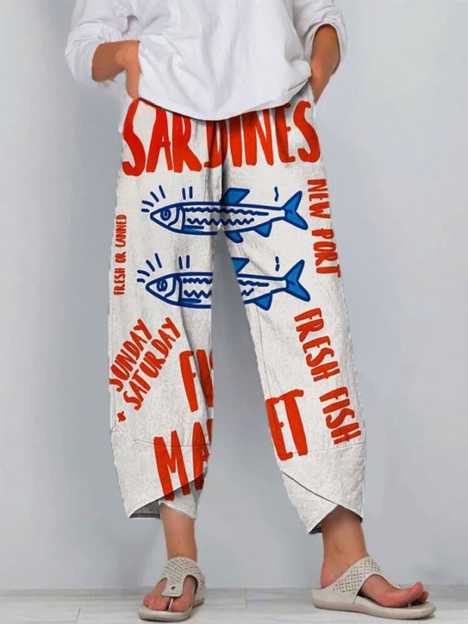 Women's Vintage Fish Sardines Art Print Cotton And Linen Casual Pants