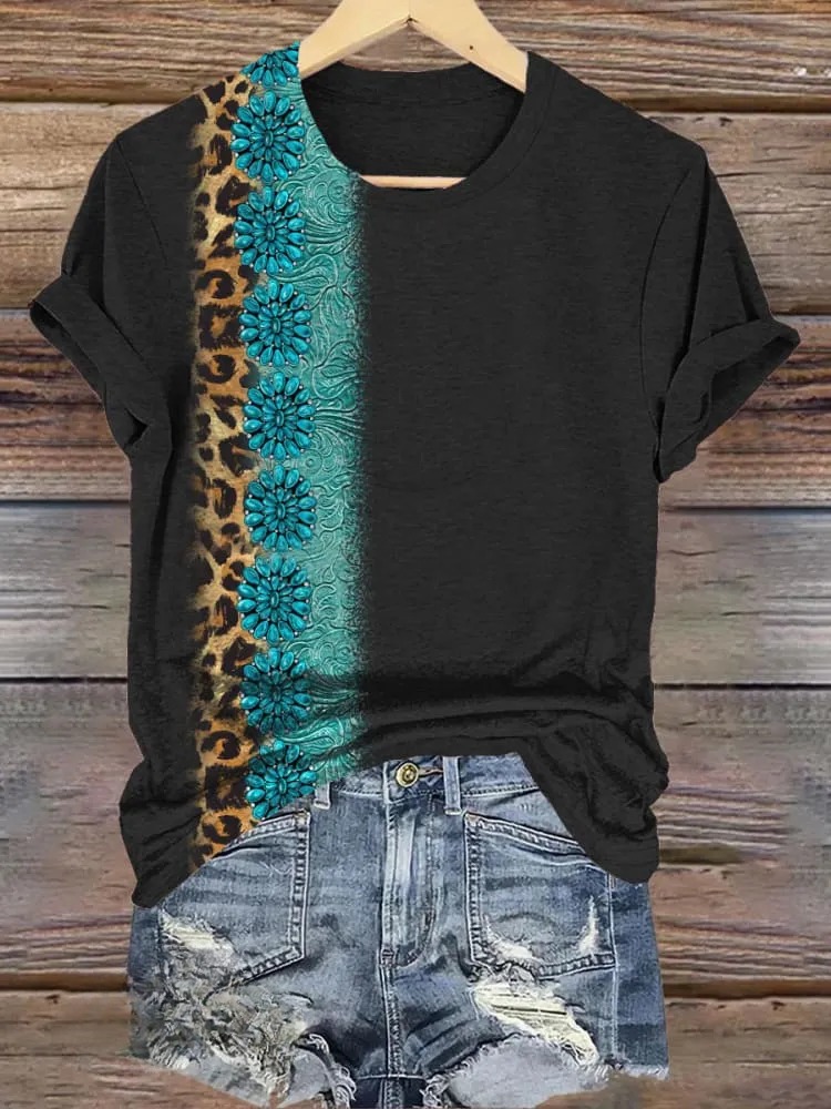 Simple Turquoise Leopard Print Round Neck T-Shirt