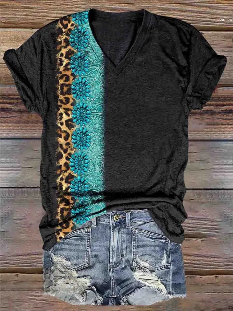 Simple Turquoise Leopard Print Round Neck T-Shirt