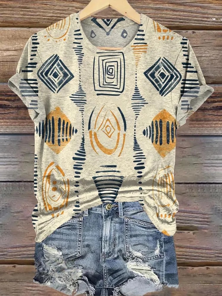 Simple Beige Ethnic Pattern Print Casual T-Shirt