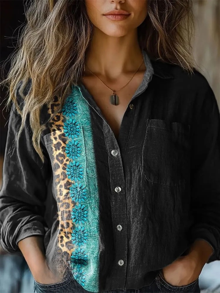 Simple Turquoise Leopard Print Round Neck T-Shirt