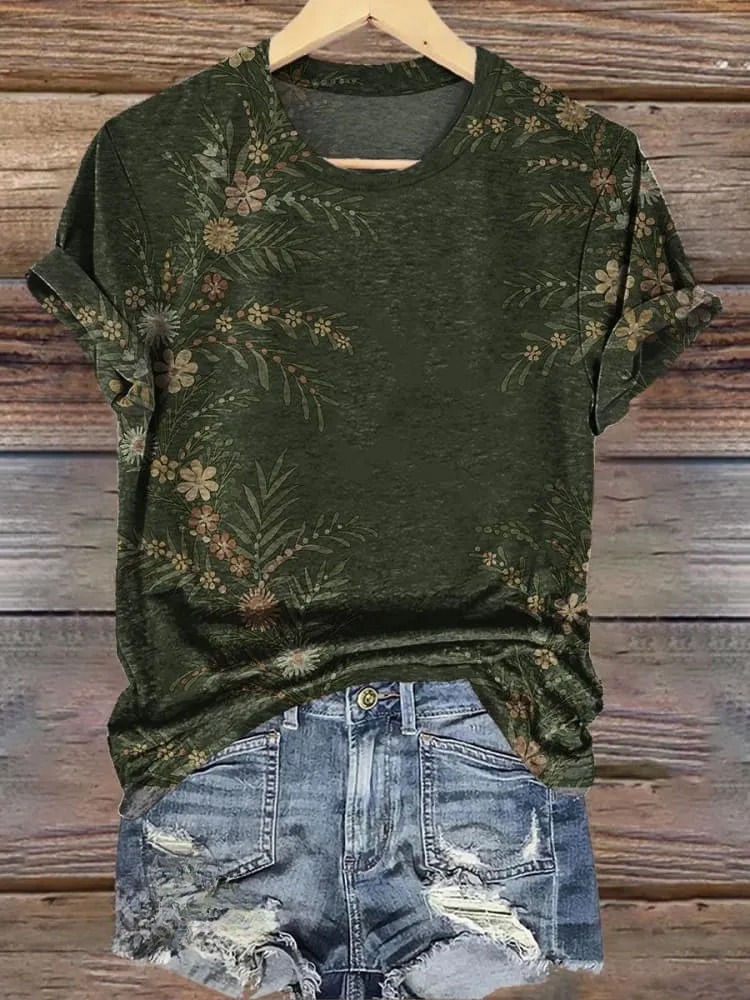 Simple Floral Art Print Casual V-Neck T-Shirt