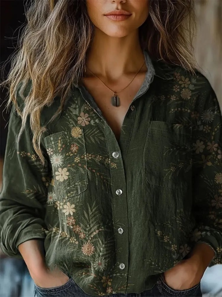 Simple Floral Art Print Casual V-Neck T-Shirt