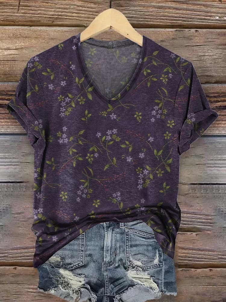 Retro Floral Pattern Printed Casual V-neck T-shirt