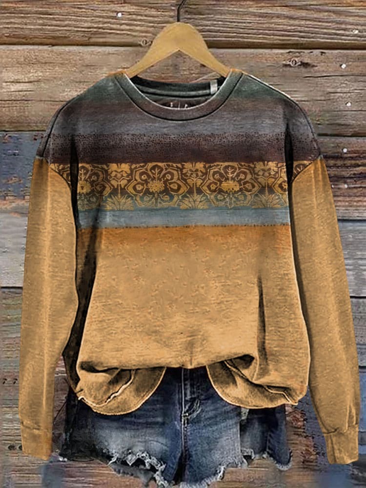 Retro Stripe Texture Pattern Casual Cotton Sweatshirt