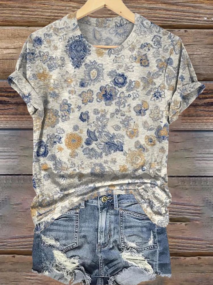 Vintage Bohemian Floral Print Casual Round Neck Short Sleeve T-Shirt
