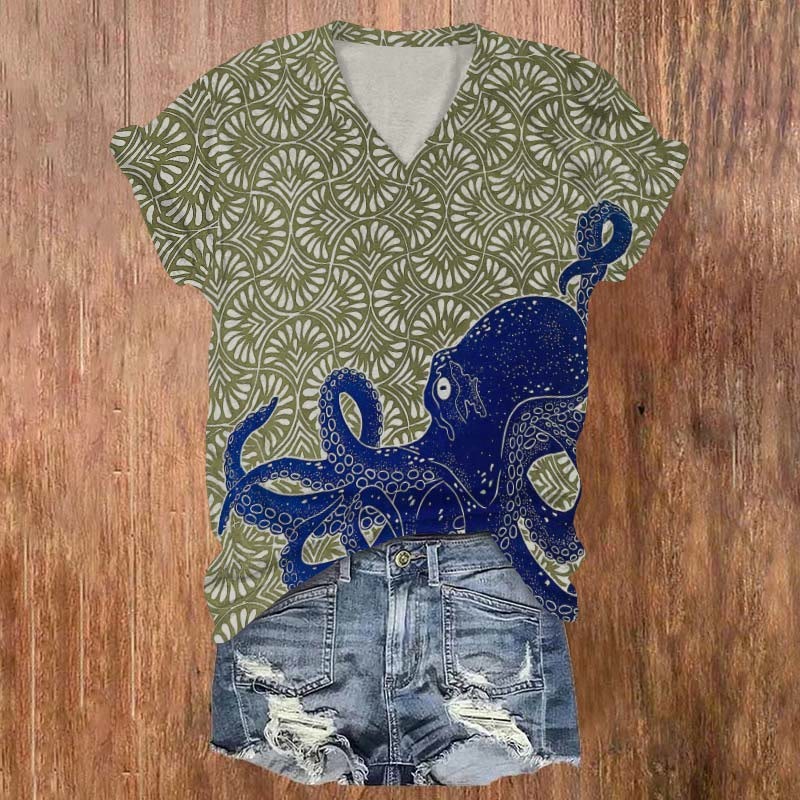Japanese Style Octopus Art Print V-Neck T-Shirt
