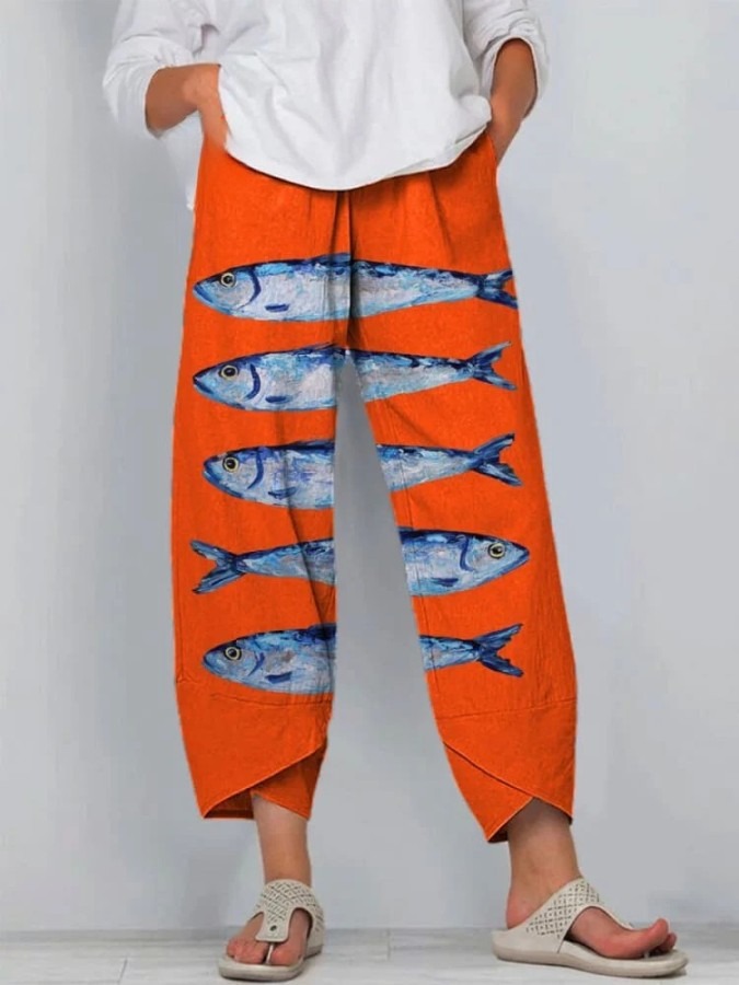 Women's Colorblock Fish Print Casual Cotton And Linen Shirt