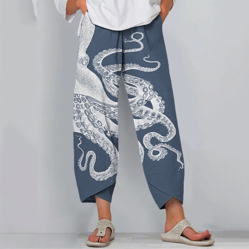 Japanese Art Octopus Print Casual Pants