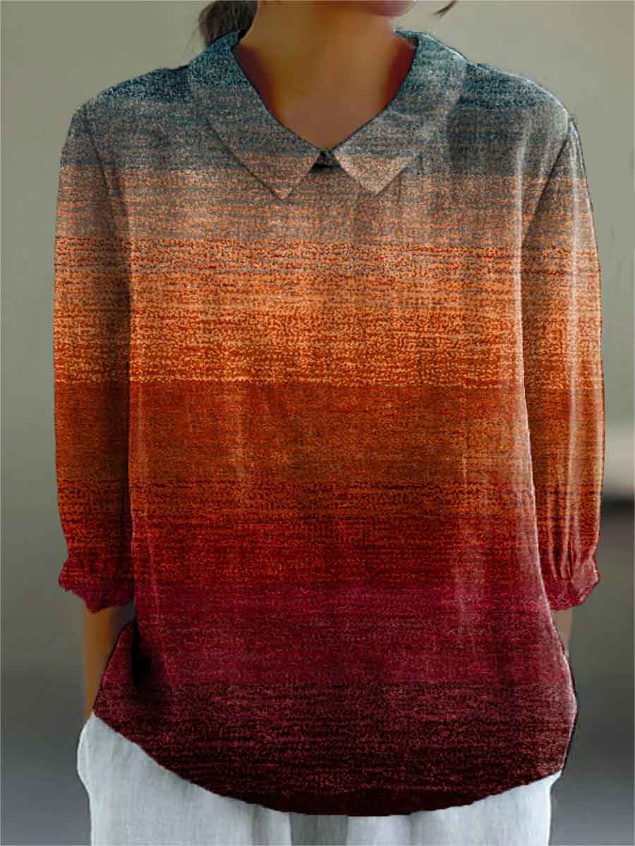 Women's Autumn Gradient Striped Print Casual 3/4 Sleeve Shirt