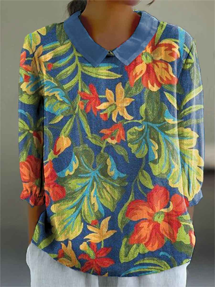 Women's Flowers Print Casual 3/4 Sleeve Shirt