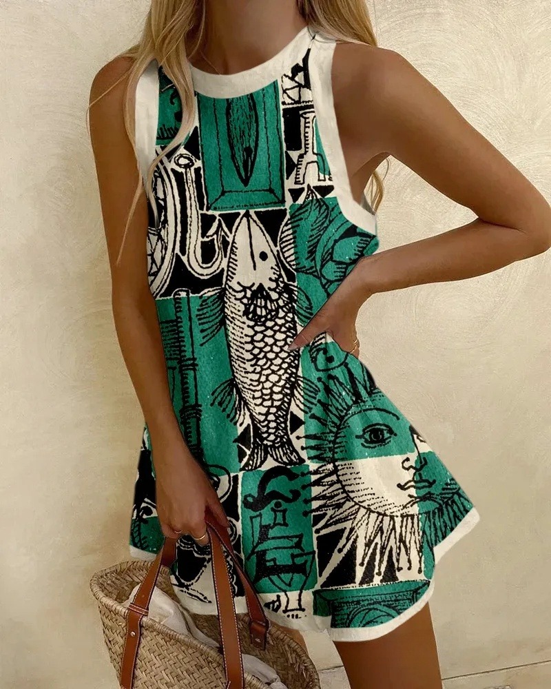 Fish Totem Printed Mini Dress