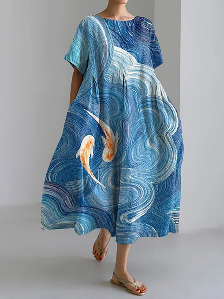 Women's Casual Wave Koi Printed Jumpsuit