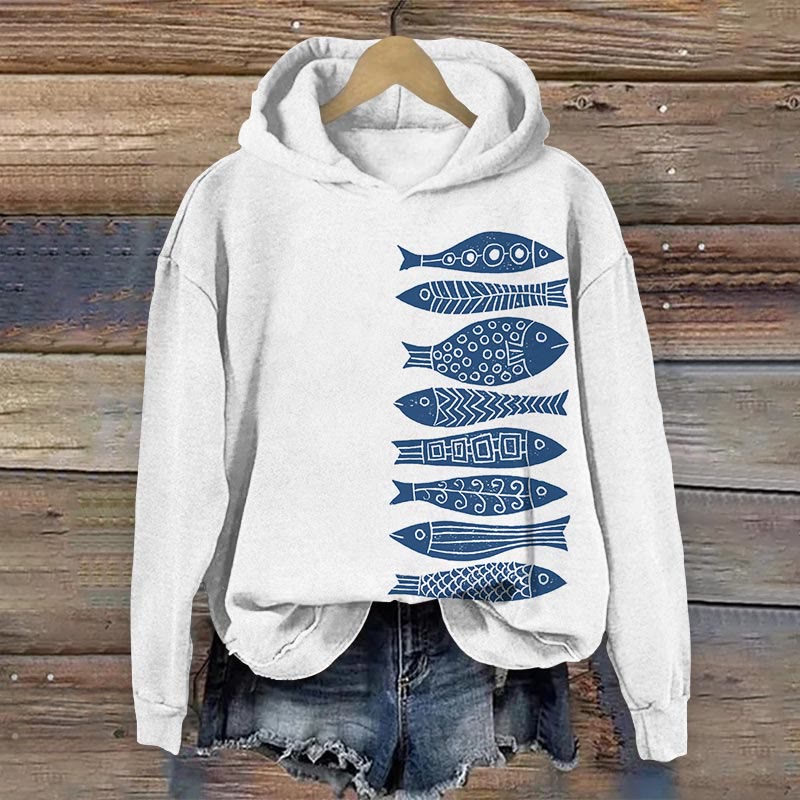 Fish Japanese Lino Art Print Casual Long Sleeve Hoodie