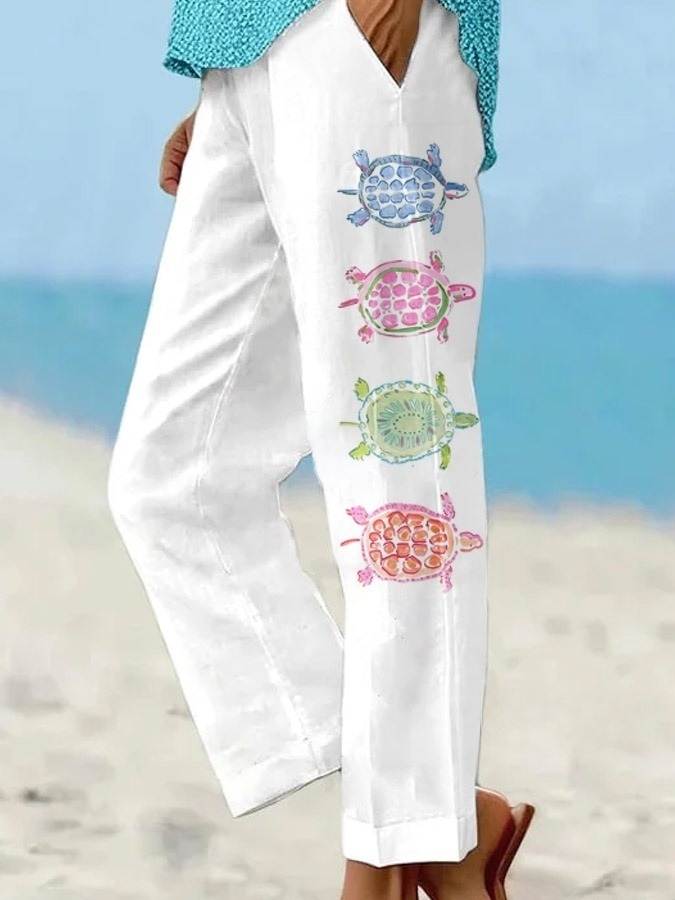 Women's Watercolor Turtle Pattern Loose Casual Pants (With Pockets)