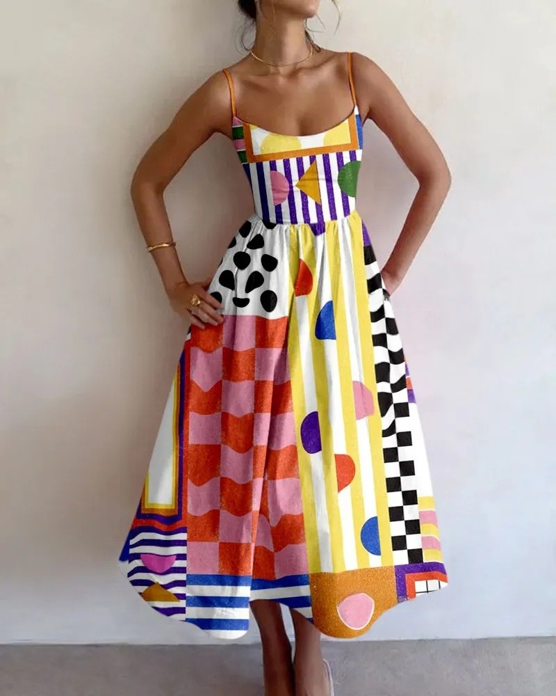 Geometry Collage Printed Slip Dress