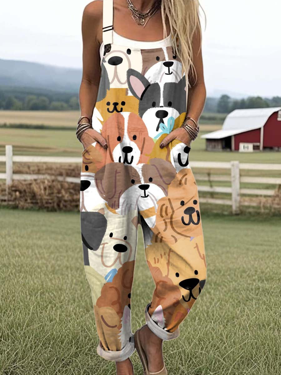 Women's Lovely Dogs Art Print Casual 100% Cotton Wide Leg Jumpsuit