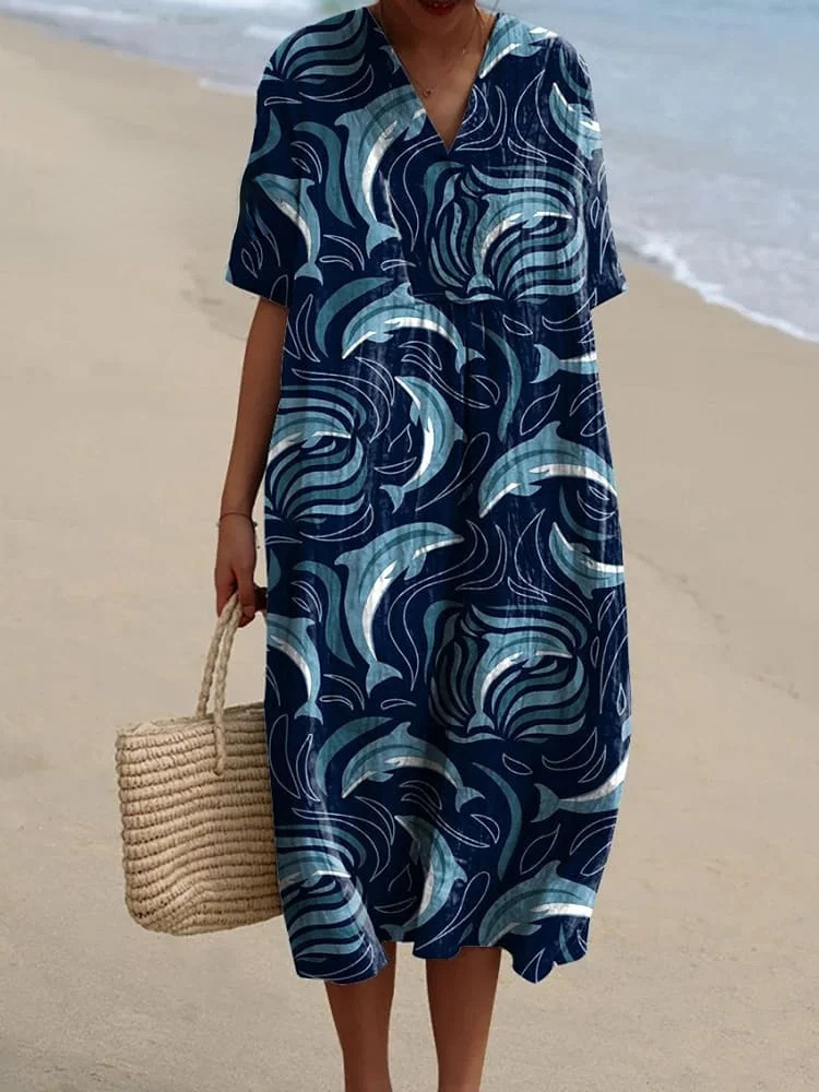Dolphin Repeat Pattern Printed Women's Flowy Dress