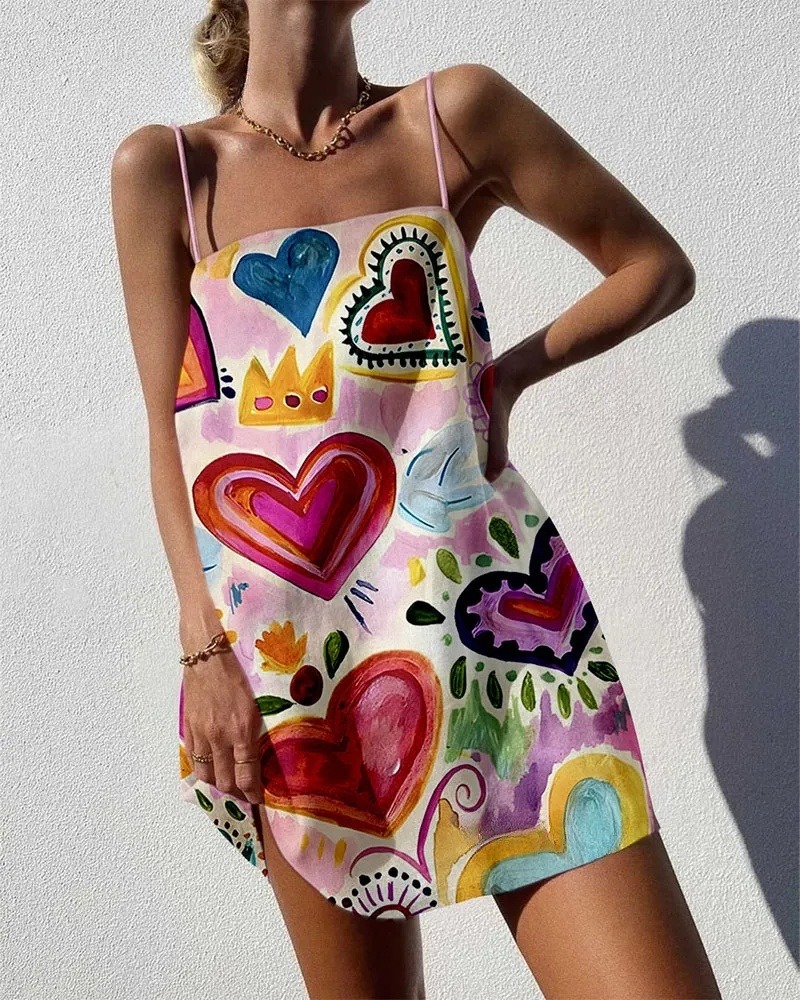 Doodle Love Print Sling Dress