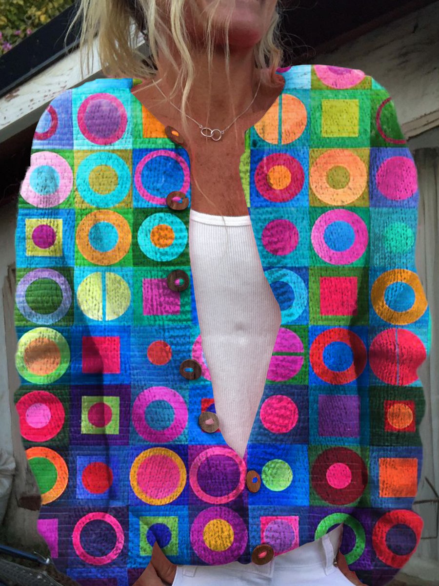 Retro Abstraction Art Print Buttoned Cardigan Sweater