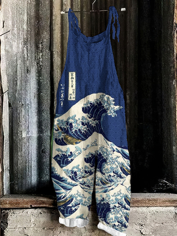 Vintage Japanese Art Sea Print Loose Casual Jumpsuit